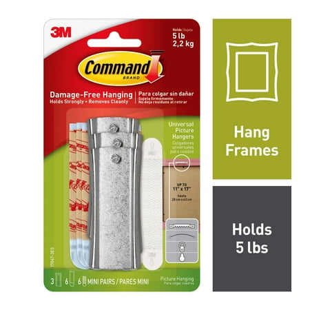 Mini White Silver Command Sticky Nail Sawtooth Hanger, White, 3 Hangers, 6 Large Strips, 6 Sets of Mini Strips/Pack ()