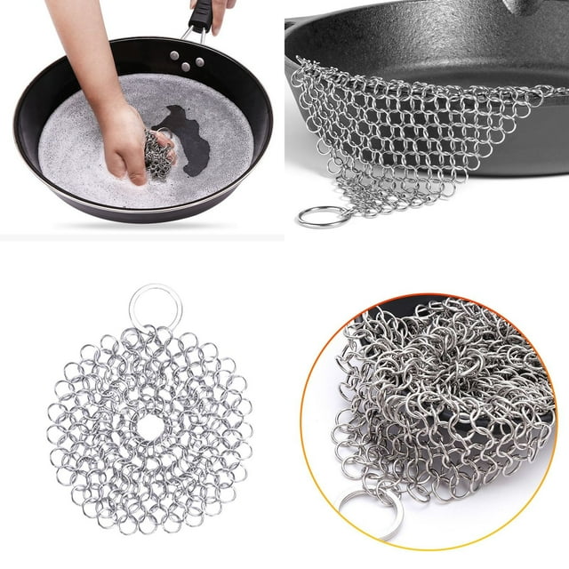 Chainmail Scrubber, Stainless Steel Chainmail Scrubber with Hanging Ring - Non-Stick Skillet & Bbq Grill Cleaner, Rust-Resistant & Durable, Round Pot Cookware Essential, Stainless Steel Pot Cleaner
