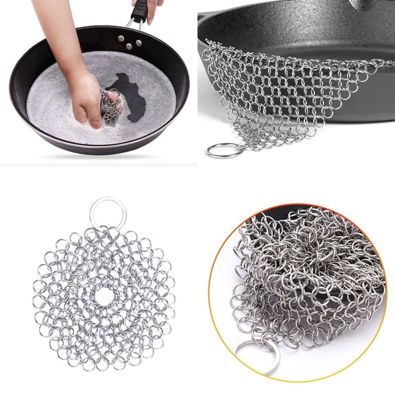 Stainless Steel Chainmail Scrubber – Souew Skillet Cleaner with Hanging Ring, Non-Scratch Scourer for Cast Iron, BBQ Grills & Pots, Rust-Resistant & Durable