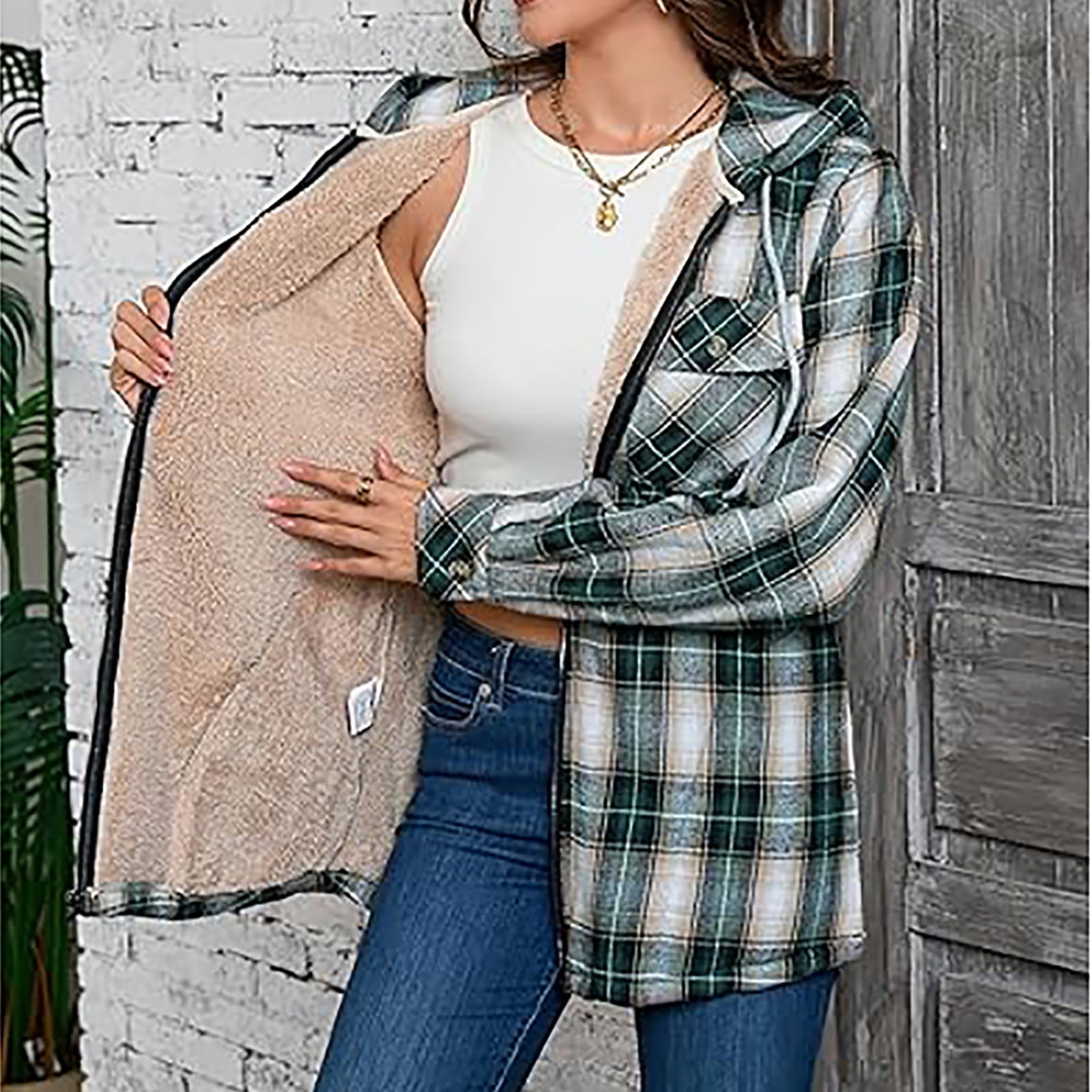 Womens Sherpa Fleece Lined Flannel Jacket Button Down Plaid Lightweight Flannel Shirt Jacket Women