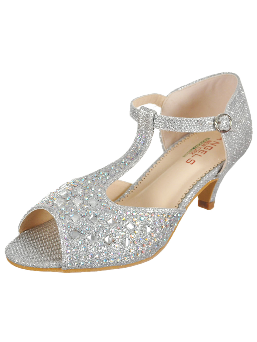 Angels Girls' Rhinestone T-Strap Pumps (Sizes 13 - 5) - silver, 5 youth - image 1 of 3