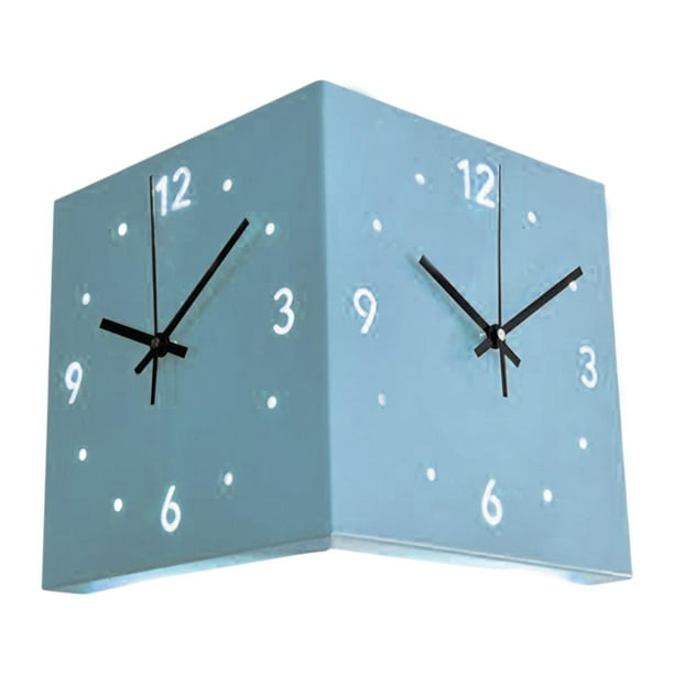 Reloj de pared de esquina de doble cara, reloj de esquina cuadrado, de metal, silencioso y sin tictac. Azul