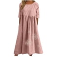 thumbnail image 1 of CHOK Robe Midi en Coton et Lin pour Femmes Grande Taille Manches Courtes Robes d'Été Décontractées pour Femmes Légères Froncées Cache-Ventre (3TG Rose), 1 of 6
