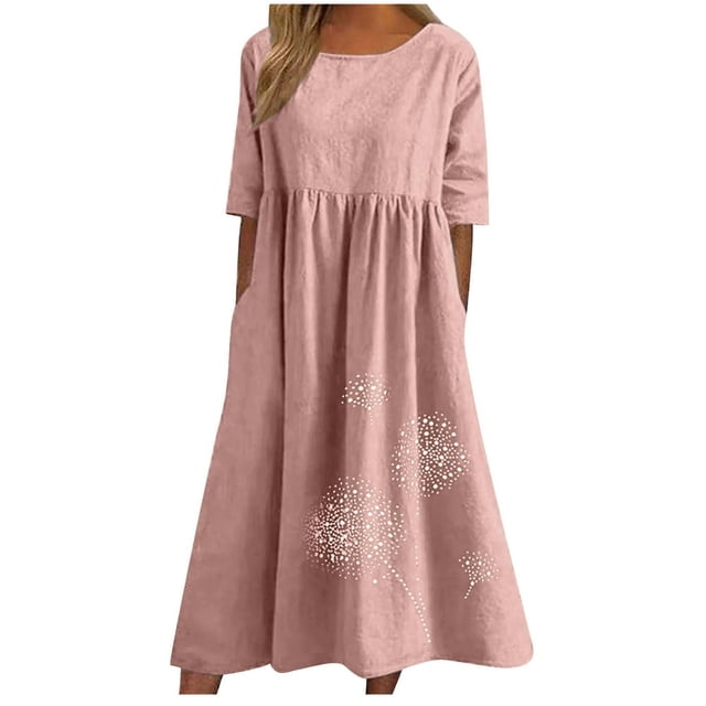 CHOK Robe Midi en Coton et Lin pour Femmes Grande Taille Manches Courtes Robes d'Été Décontractées pour Femmes Légères Froncées Cache-Ventre (3TG Rose)