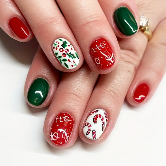 Wearable Christmas Red and Green Cane, Candy and Fruit - themed Short Square Nails, Shiny Finish, 24 Pieces