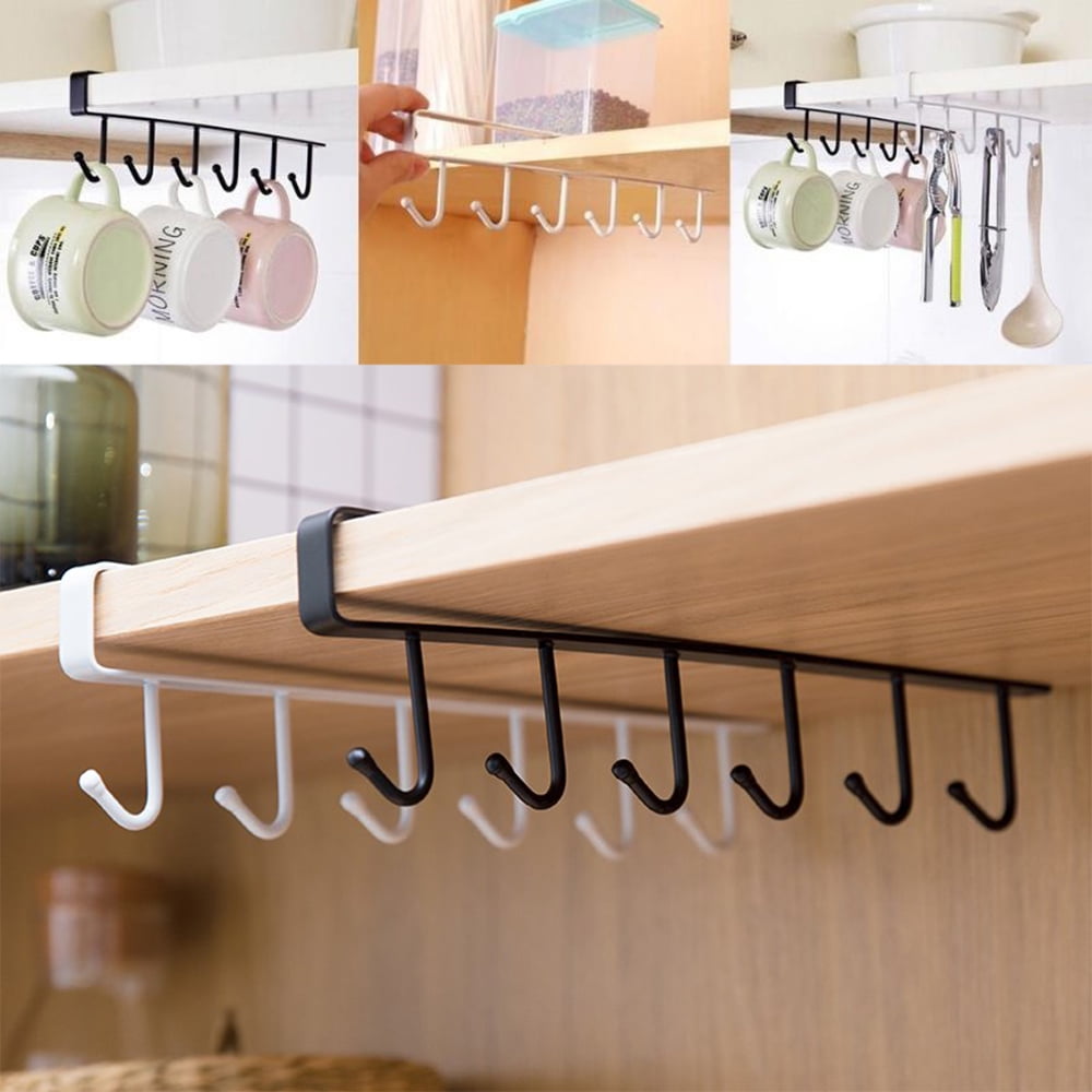 Metal 6 Hook Under Shelf Mug Cup Cupboard Kitchen Organiser Hanging Rack Holder 