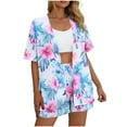 thumbnail image 6 of Mifsaly Two Piece Sets for Women Summer Tropical Print Vacation Beach Matching Clothing Oversized Short Sleeve Open Front Cardigan & Drawstring High Waisted Shorts, 6 of 8