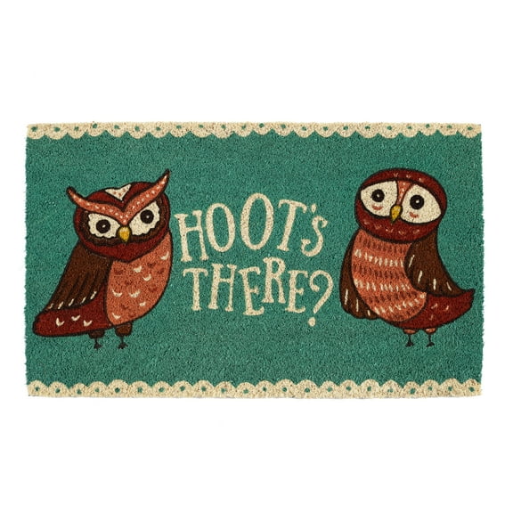 DII 30x18" Modern Coir Fabric Hoots There Doormat in Green/Brown