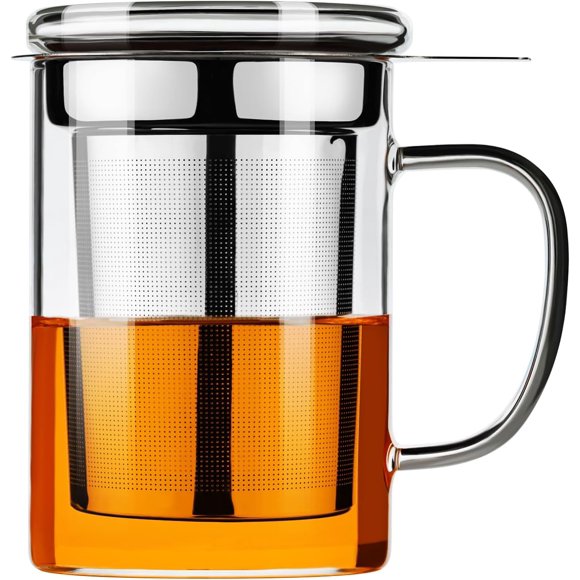 PARACITY Tea Cup, Borosilicate Clear Tea Mug with Removable Stainless Steel Infuser and Lid, Tea Cup 15oz/450ml Stove Safe, Glass Teas Cups for Loose Tea, Gift for Family and Friends