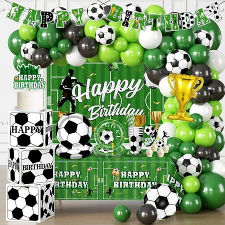 242 Pcs Soccer Birthday Party Decorations, Soccer Theme Balloons Cake Topper Table Cloth Plates and Napkins Party Supplies Boys Birthday Soccer Decorations for Party Sports Themed Party Decorations