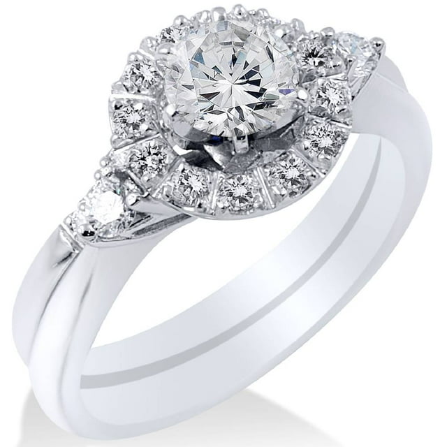 1 1/10ct Bague de Fiançailles Halo 3 Pierres Or Blanc 14K Ensemble de Mariage Rond