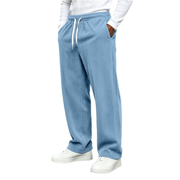 TKKCS Mens Corduroy Casual Pants- Wide Leg Baggy Elastic Drawstring Waist Loose Fit Straight Pants with Pockets Light Blue Size XL