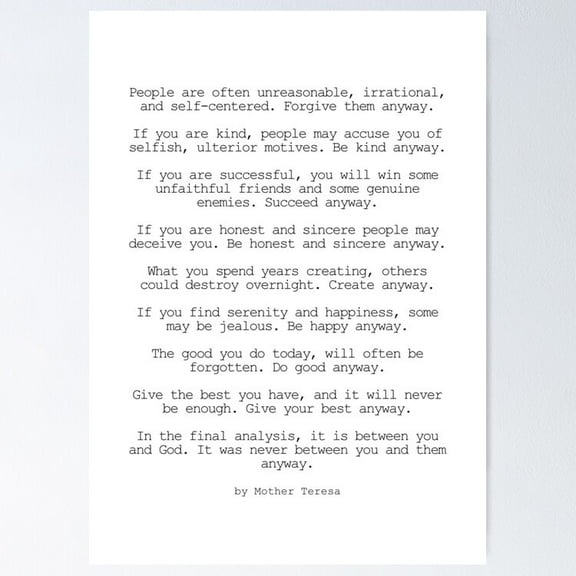 Do It Anyway By Mother Teresa #Minimalism #Inspirational Poster- Unframed Poster | Wall Art | Perfect For Home Decor & Gifts, 8x12