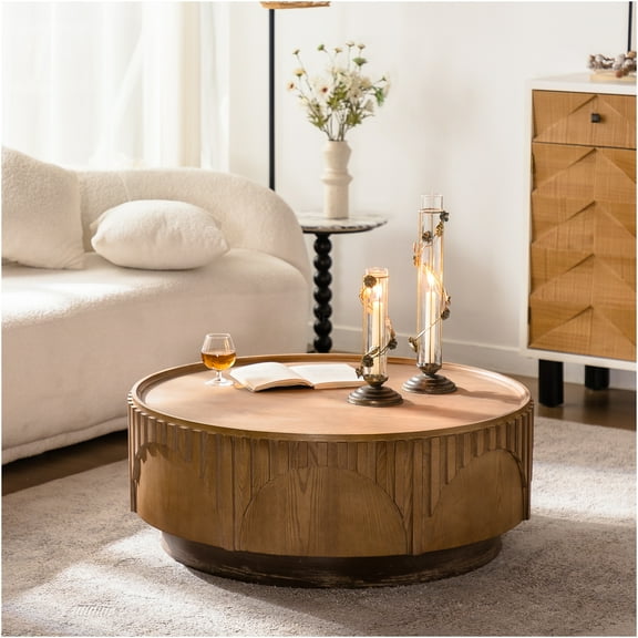JERFIT Modern Round Coffee Table for Living Room, Handcrafted Solid Wood Veneer with Fluted Pedestal Base, Natural Wood Finish Center Table