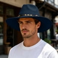 thumbnail image 4 of Timeless Fedora Hat For Everyday Leisure – Wide Brim Jazz Style With Ethnic Design Flat Unisex Fashion Headwear Cowboy Hat, Navy, 4 of 5