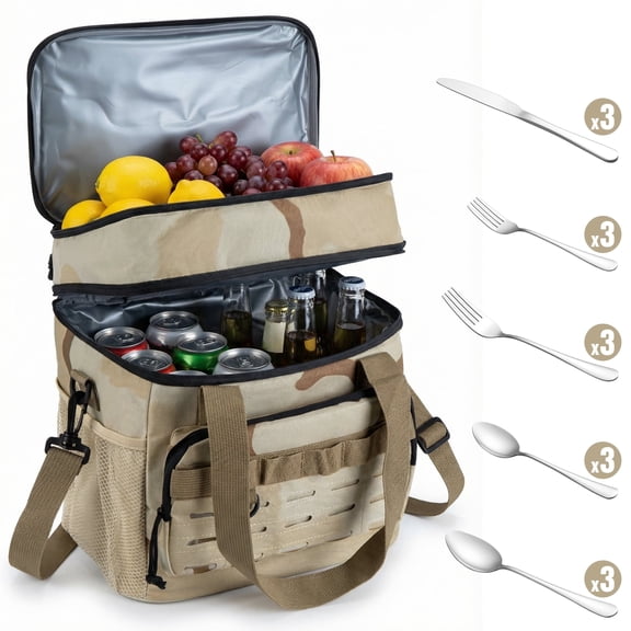 Mimifly Expandable Large Insulated Lunch Bag, Double Layer Heavy Duty Reusable Lunch Bag with 15 Pieces Silverware Set for Adult/Outdoor/ Work/Picnic/Camping/Travel (Khaki Camouflage)