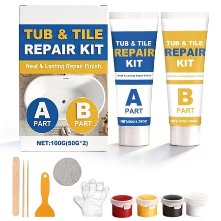 Tub and Tile Repair Kit, Tintable AB Epoxy Acrylic Repair Paste for Fiberglass, Porcelain, Ceramic - Color Match Shower, Sink & Toilet Crack Repair Kit, 100g