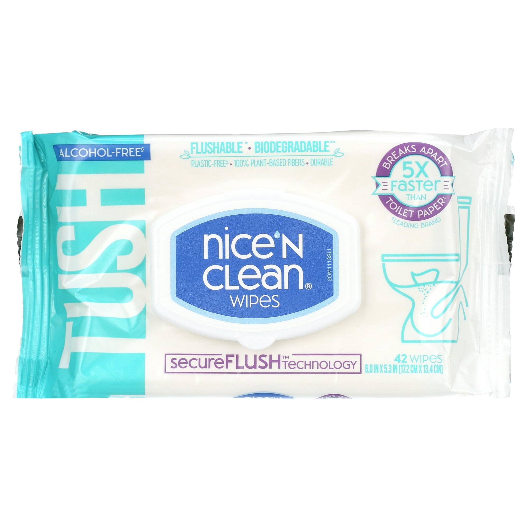 Nice 'N CLEAN SecureFLUSH Alcohol Free Flushable Wipes, Gentle for Sensitive Skin, 3 Flip-Top Packs (126 Total Wipes)