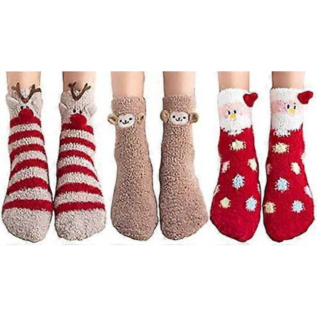 3 Pairs Christmas Socks Women Cotton Winter Warm Christmas Socks Cartoon Pattern Reindeer Snowflake Santa Claus Socks For Women