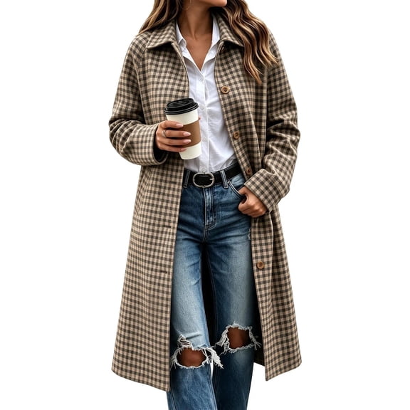 Cmfcve Womens Gingham Plaid Long Overcoat Button Front Business Casual Coat Fall Winter Collared Outerwear