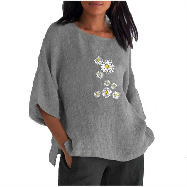 Hauts d'Été pour Femmes 2023 Mode Femmes Été Imprimé Trois Quarts Manches Courtes Col Rond Régulier T-Shirt Bohème Grande Taille pour Femmes