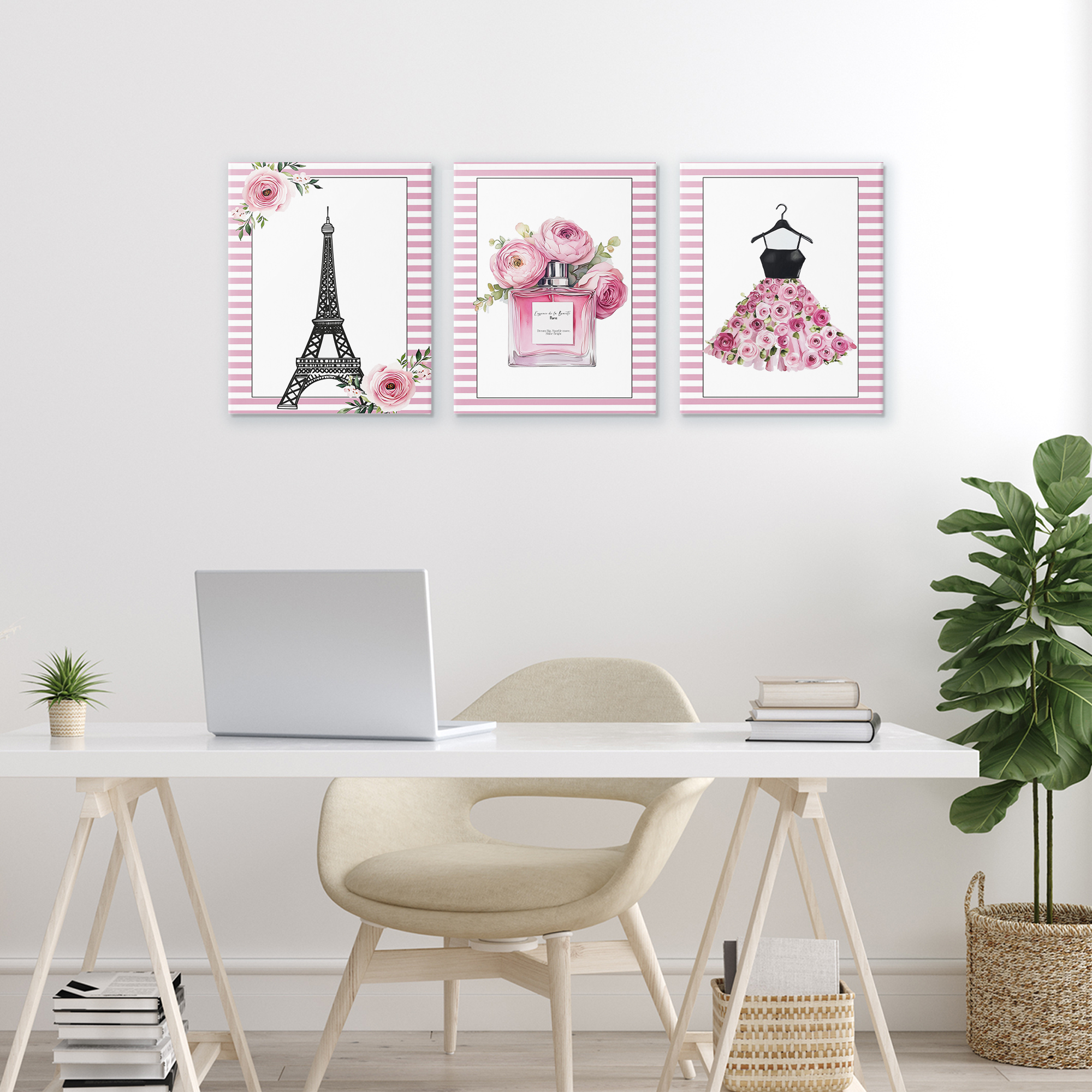 Parisian Glam with Stripes 3 Piece Canvas Wall Art Set, design by Christine Simpson Art