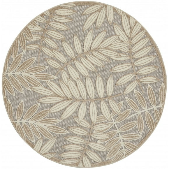 homeroots outdoor 384955 4’ Round Natural Leaves Indoor Outdoor Area Rug