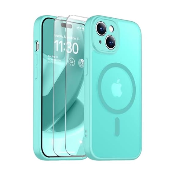 Eryueer for iPhone 15 Case, Magnetic Translucent Matte Case with 2PCS Tempered Glass Screen Protector Slim Phone Case for iPhone 15 6.1'', Blue Green