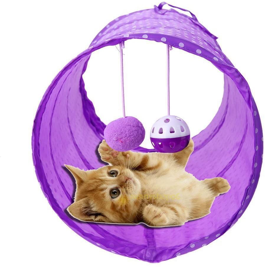 Foldable Cat Tent with Built-in Small Pumpon Polyester Kitten Toys Cute Pet Cat Tunnels Toys 