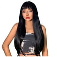 thumbnail image 2 of Body Wave Lace Front Wigs Human Hair,60cm Bangs Black Medium Long Straight Hair High Temperature Silk Rose Net Wig, 2 of 9