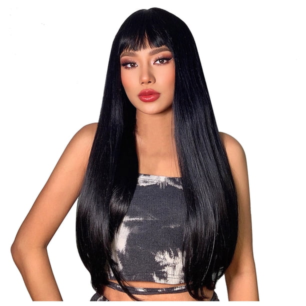 Peluca de red de seda rosa de alta temperatura con flequillo de 60 cm, cabello lacio medio largo