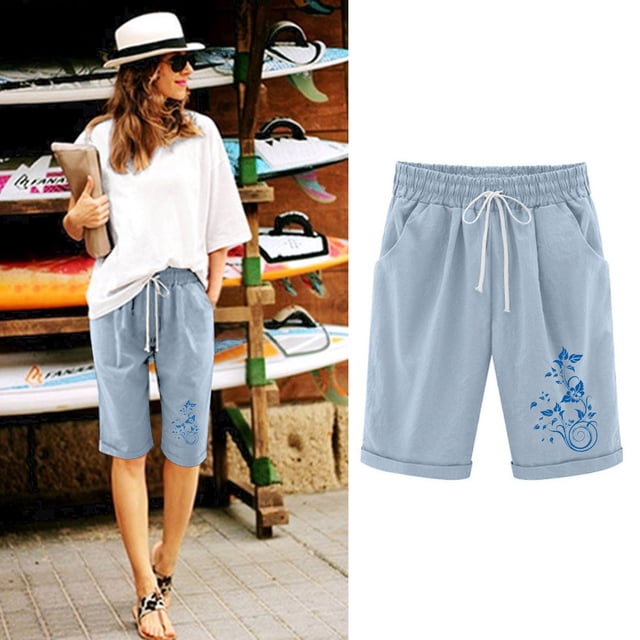 Puntoco Pantalones cortos de salón para mujer Pantalones cortos con cordón y estampado de cintura elástica para mujer