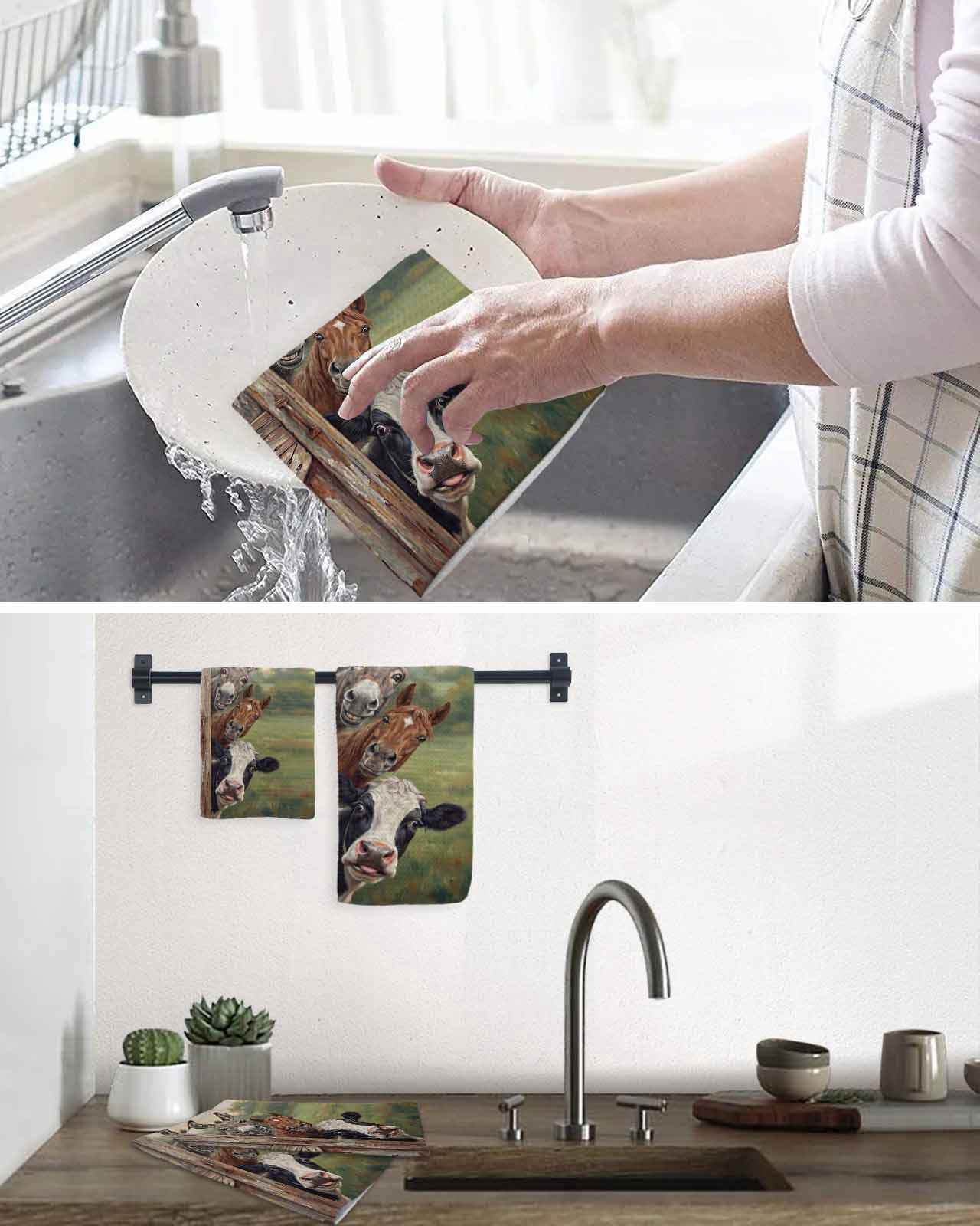 Farmhouse Animals Kitchen Dish Towels for Drying Dishes Set of 4, Country Cows Horses Donkeys Farm Waffle Weave Microfiber Hand Tea Bathroom Towels Quick Dry & Absorbent Towel 12x12