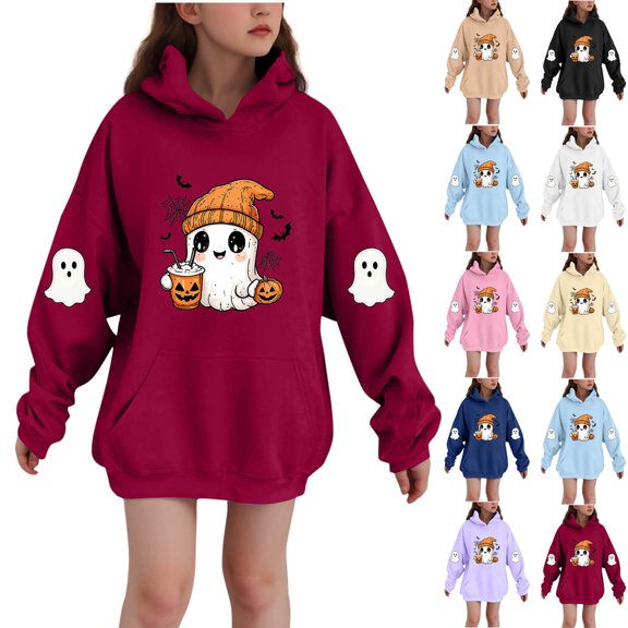 HAOTAGS Girls Halloween Ghost Print Hooded Fleece Sweatshirt with Pocket, with Pocket Warm Graphic Long Sleeve Pocket Sweater Red Size 6