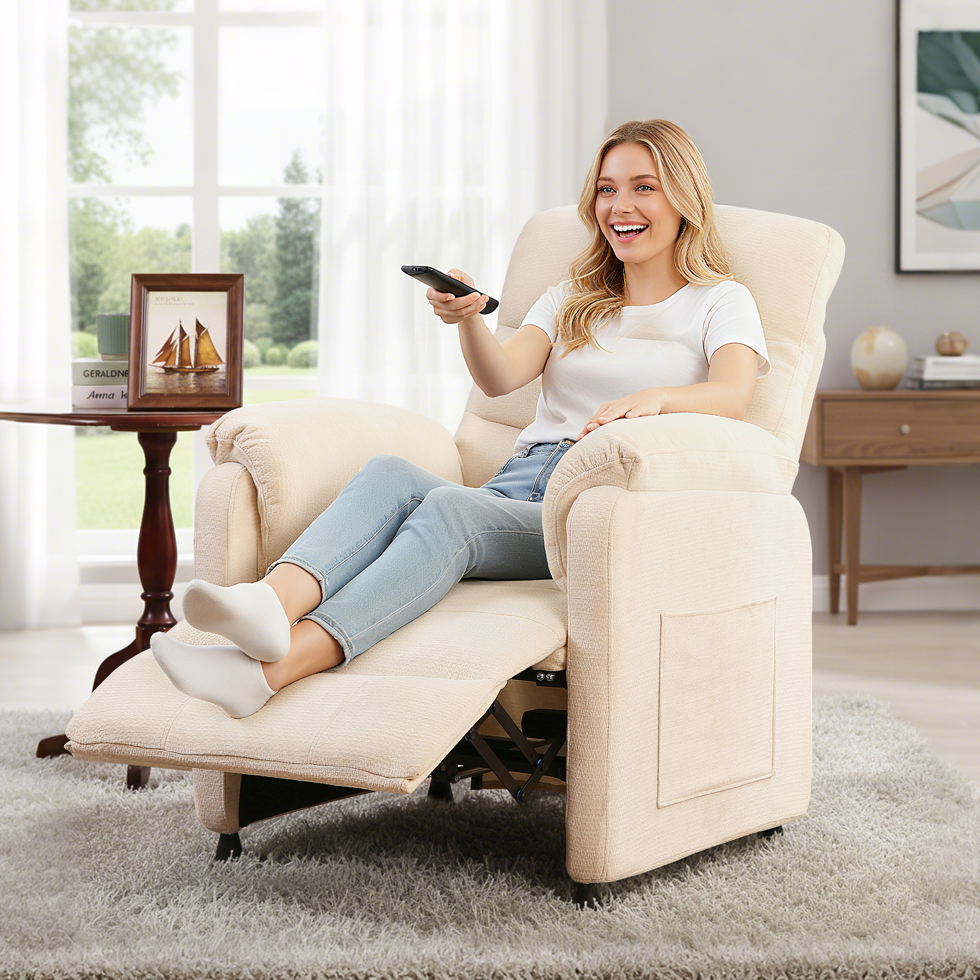 Miniyam Electric Recliner in White with 7-Zone Support & Silent Motor, Wired Remote & Plush Padding for Modern Living Room