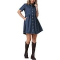 thumbnail image 4 of INSPIRE CHIC Women's Short Sleeve Button Down Collared Denim Babydoll Mini Dress S Deep Blue, 4 of 6