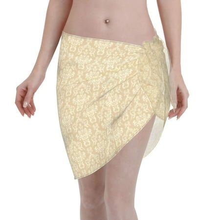 Disketp Damask Beige Tan Brown Women Swimsuit Cover Up Short Chiffon Summer Beach Sarong Bikini Wrap Skirt Bathing Suit