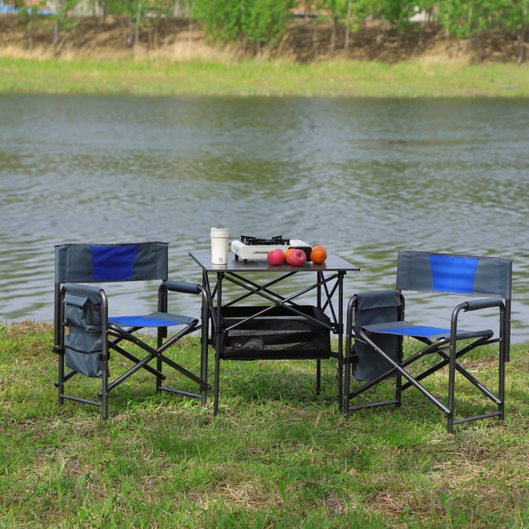 Camping Table and Chair Set of 3, Folding Picnic Table with Basket