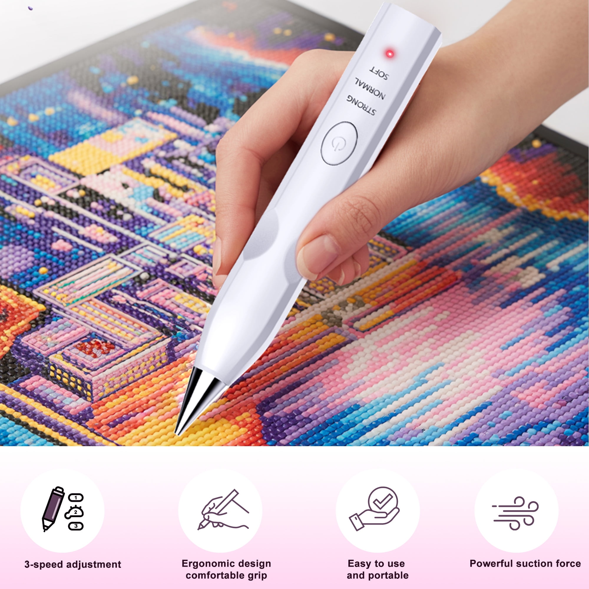 Diamond Painting Pen with Vacuum Pump, No Wax Needed, Lightweight Design, 3 Adjustable Suction Mode & Rechargeable, DIY Diamond Art Accessories and Tools(White)