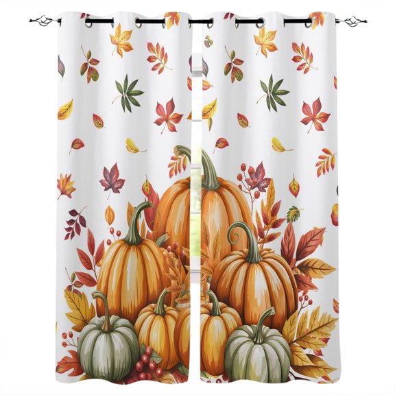 Orange Green Pumpkin Blackout Curtains for Bedroom Living Room, Fall Maple Leaves 84 In Long Thermal Insulated Room Darkening Drapes Grommet Window Treatments, 42 x 84 In