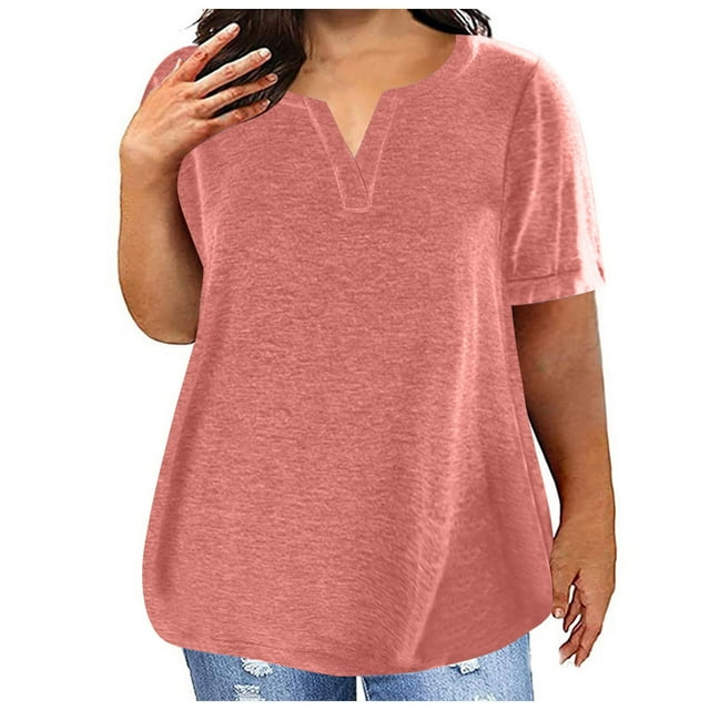 FAIWAD Womens Summer Tunic Tops Plus Size Casual Notch V Neck Tops Short Sleeve Solid Color Loose T-Shirt
