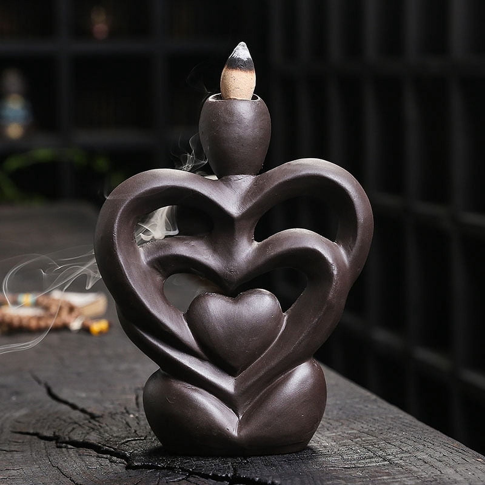Unique 3 Heart-Shaped Backflow Incense Burner Creative Purple Clay Aromatherapy Waterfall Incense Furnace Holder for Home Decor