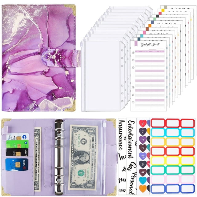 A6 Marbled Pu Leather Notebook Binder Budget Planner Expense Budget Book Cash Money Envelope Organizer System With Zipper PocketA6 He Qiyong unisex