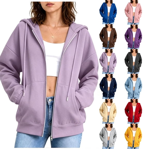 Luvrsol Zip Up Hoodies Women Basic Long Sleeve Hooded Zip Jacket Drawstring Sweat Top with Pockets S-2XL