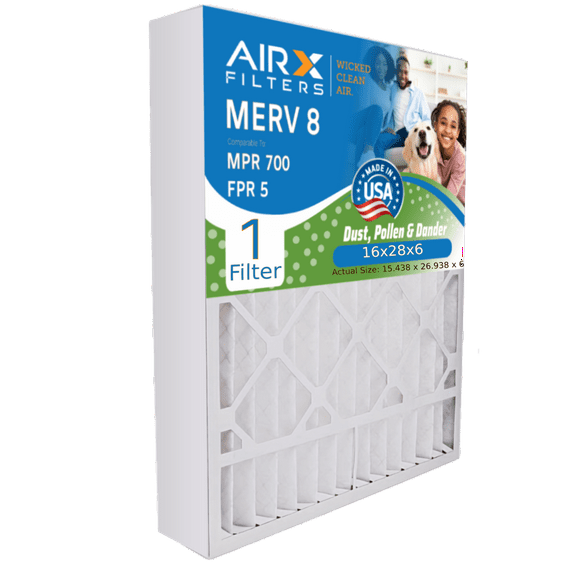 16x28x6 Air Filter MERV 8 Comparable to MPR 700 & FPR 5 Compatible with Aprilaire 401 Premium USA Made 16x28x6 Furnace Filter 1 Single Filter by AIRX FILTERS WICKED CLEAN AIR.