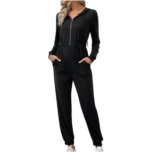 Mrat Women Rompers Summer Trendy Women Casual Pocket Solid Color Jumpsuits Hooded Zipper Long Sleeve Leg Pant Office Pants for Women S-8 Black M