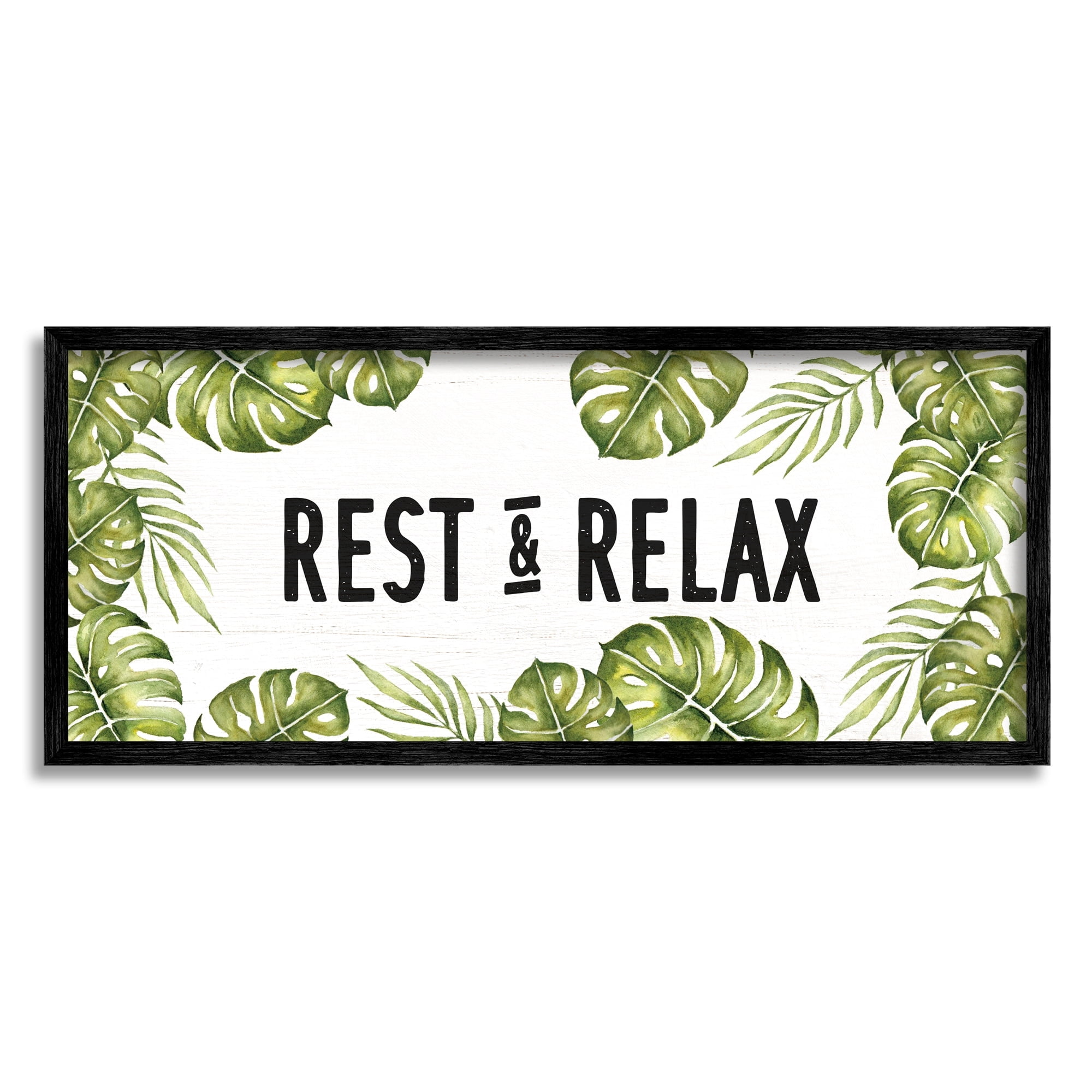 Stupell Industries Rest & Relax Tropical Monstera Plants Leaves Typography Framed Wall Art, 30 x 13, Design by Daphne Polselli