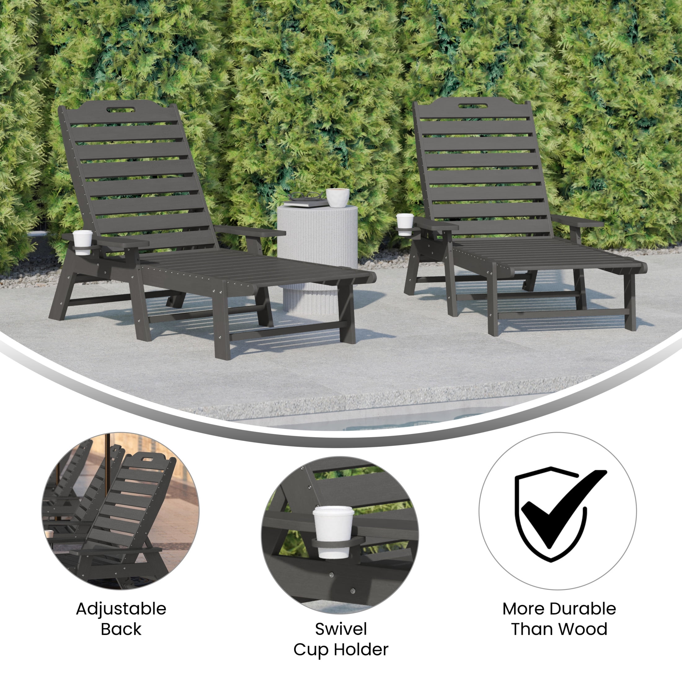 Flash Furniture Monterey Set of 2 Adjustable Adirondack Loungers with Cup Holders- All-Weather Indoor/Outdoor HDPE Lounge Chairs in Gray
