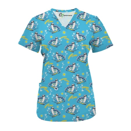 

Womens Medical Nursing Print Scrub Uniform Top GT Performance-Bahama Llama-Small