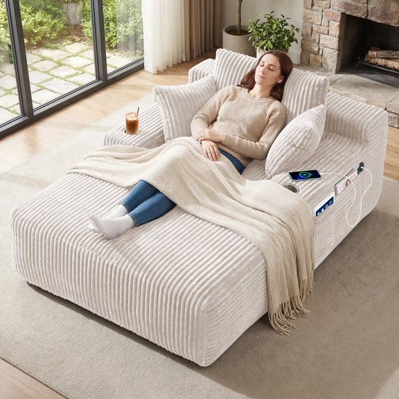 66 Inch Chaise Lounge Chair for Indoor Use, Oversized Corduroy Upholstered Boneless Sofa Bed, Deep Seat Sleeper Couch, No Assembly Required，800lb Support white